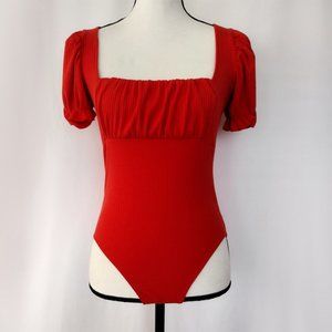 Forever 21 Bright Orange Puff Shoulder Ribbed Bodysuit